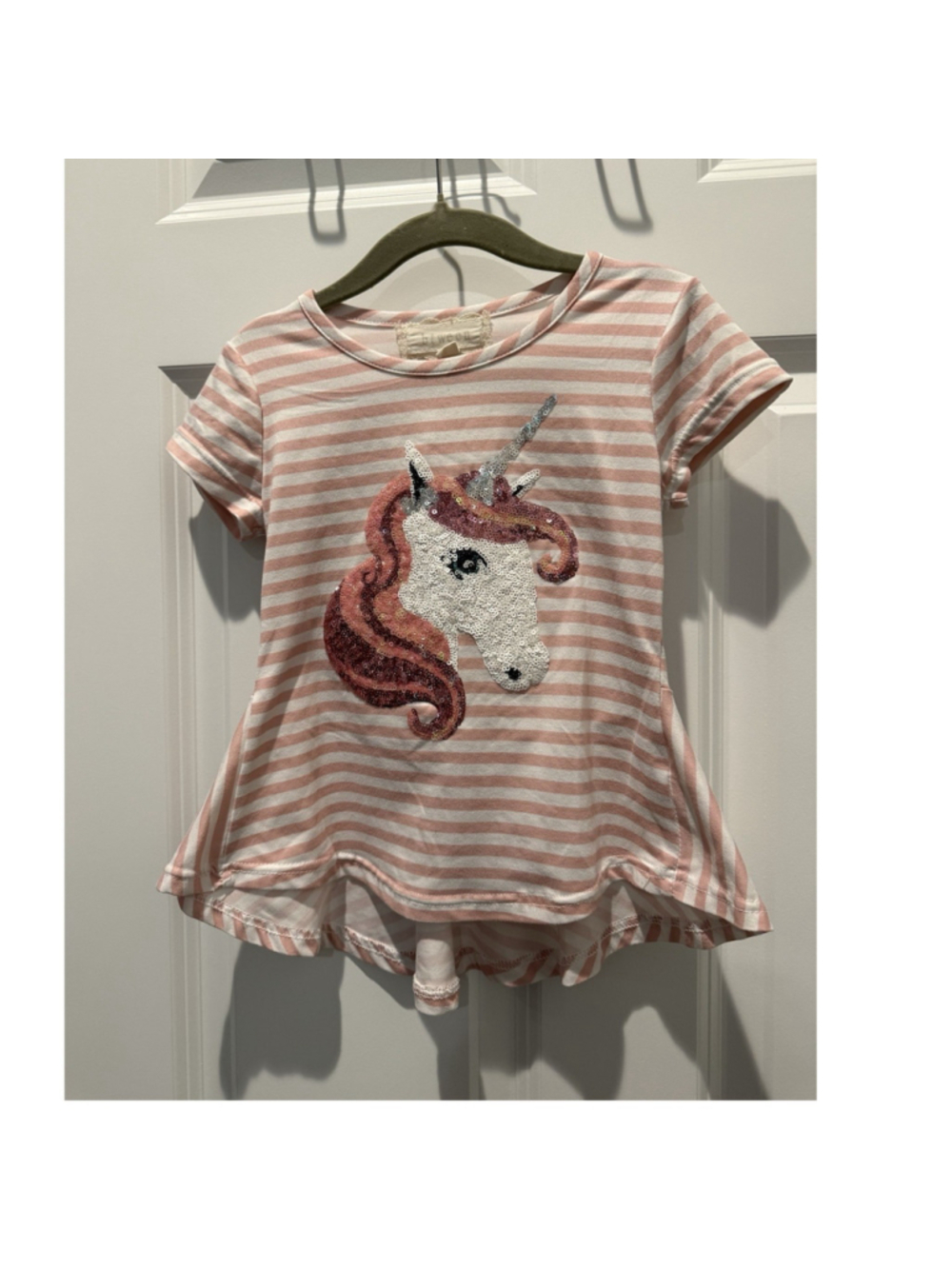 Btween Girls 4T Pink White Striped Sequin Unicorn Peplum Tee Crew Short Sleeve